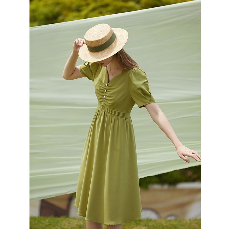 范思蓝恩22FS2012气质减龄桃心领法式优雅长裙夏季高腰显瘦裙子女 草绿色 M