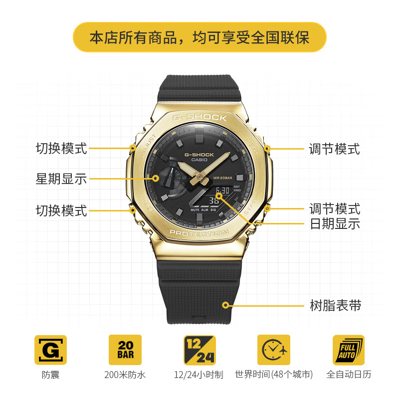 卡西欧（CASIO） G-SHOCK 「黄金时代」新黑金系列 王鹤棣同款 时尚男表运动防水手表 GM-2100G-1A9PR