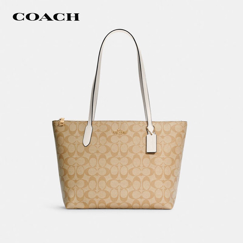 蔻驰COACH【官方直供】奢侈品女士中号手提单肩托特包卡其白色PVC4455IMDQC