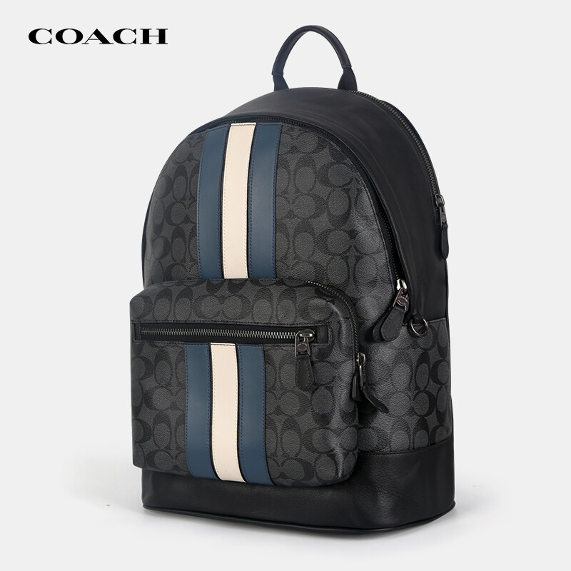 蔻驰 COACH 奢侈品 男士经典印花双肩包黑灰色海军条 3001 QBOH0【品牌授权 官方直供】