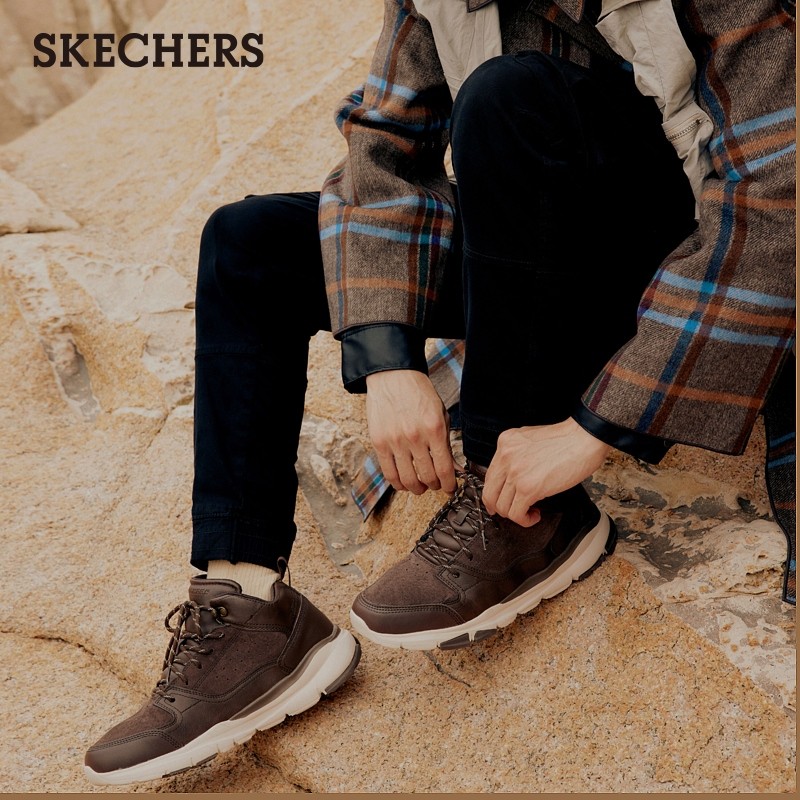 斯凯奇Skechers高帮男士皮鞋工装靴子冬季保暖轻便防寒百搭潮流休闲雪地棉鞋男65731 巧克力色/CHOC 41