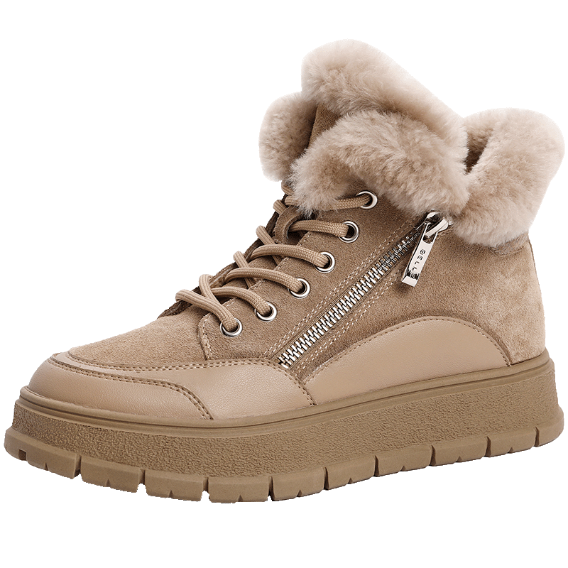 百丽拉链设计雪地靴女2022冬季新商场同款保暖厚实短靴Y8C1DDD2【B】 杏色（建议拍大一码） 37