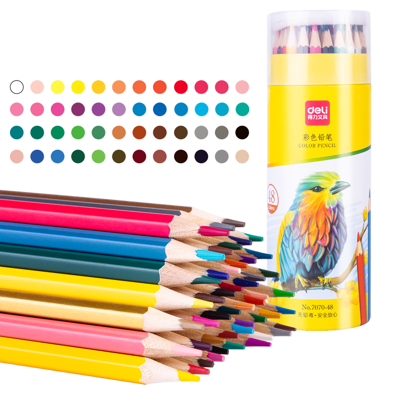 得力(deli)48色油性彩铅 原木六角杆彩色铅笔 学生儿童绘画涂色画笔画具画材美术套装 开学礼物DL-7070-48