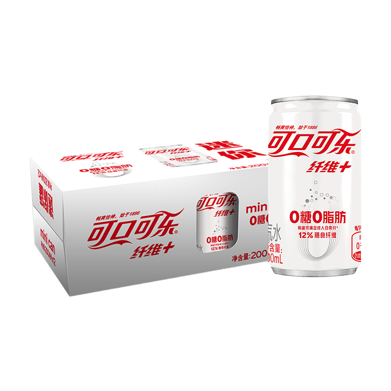 可口可乐 Coca-Cola 纤维+无糖零热量 汽水 碳酸饮料 200ml*12罐 整箱装 可口可乐出品 新老包装随机发货