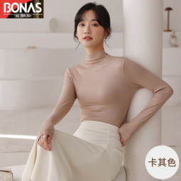 宝娜斯 BONAS2022新款半高领打底衫女中领上衣牛奶丝长袖t恤春秋冬内搭洋气上衣80-130斤 黑色 均码(80-120)