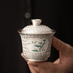 苏氏陶瓷（SUSHI CERAMICS）鎏银品竹二才盖碗非遗大师郑文强功夫茶具泡茶碗（130ml）