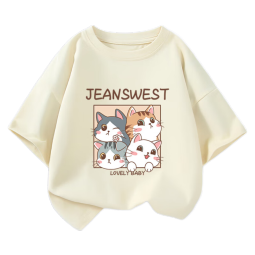 真维斯（Jeanswest）女童短袖2023年新款儿童纯棉T恤中大童夏季柔软舒适上衣 米白 挤猫猫 160cm