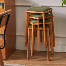 家逸实木凳子餐凳可叠放椅子方凳高凳板凳餐桌凳家用 樱桃木色腿+绿色灯芯绒面