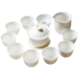 苏氏陶瓷（SUSHI CERAMICS）中国白瓷茶具套装浮雕莲花羊脂玉高档功夫茶具礼盒装亚光三才盖碗