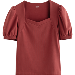 茵曼2024夏季新款法式方领套头泡泡袖修身气质显瘦棉质T恤女 大红色 XL