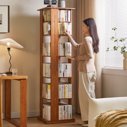 家逸（JIAYI）实木可移动旋转书架多层落地书架带轮立式学生书架客厅转角置物架 四层樱桃木色