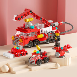 乐乐兄弟积木玩具礼物儿童拼装智力模型男孩小颗粒消防工程警察车创意拼图 消防救援车队（142颗粒）8612-7