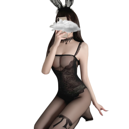 曼烟 情趣内衣 诱惑蕾丝透明开档丝袜睡衣女成人诱惑火辣连体衣黑丝吊带连身袜 性感漏裆连体网衣 黑 7240 