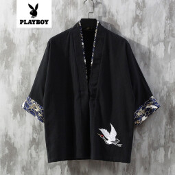 花花公子中国风仙鹤刺绣汉服男装古风青年唐装短袖日式和服羽织外套潮 黑色 3XL