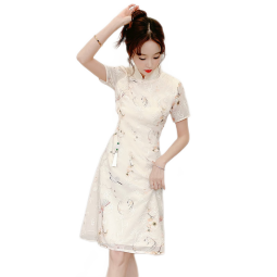 罗蒙（ROMON）现代年轻款改良旗袍2023夏季新款宴会礼服中国风连衣裙 杏色 L建议100-113斤