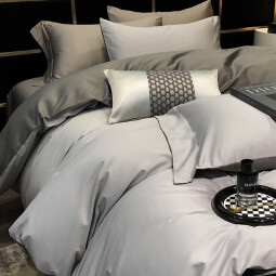 轩蓝仕A类抗菌全棉长绒棉100支贡缎织带四件套 纯棉缎纹床品套件 100S-浅灰-YC 床单款1.5米床(被套200*230cm)