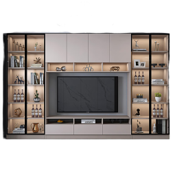 强匠木业客厅电视柜书柜组合一体逻居多功能背景墙柜靠墙透明展示收纳高柜 七带灯长3200X深400X高2200