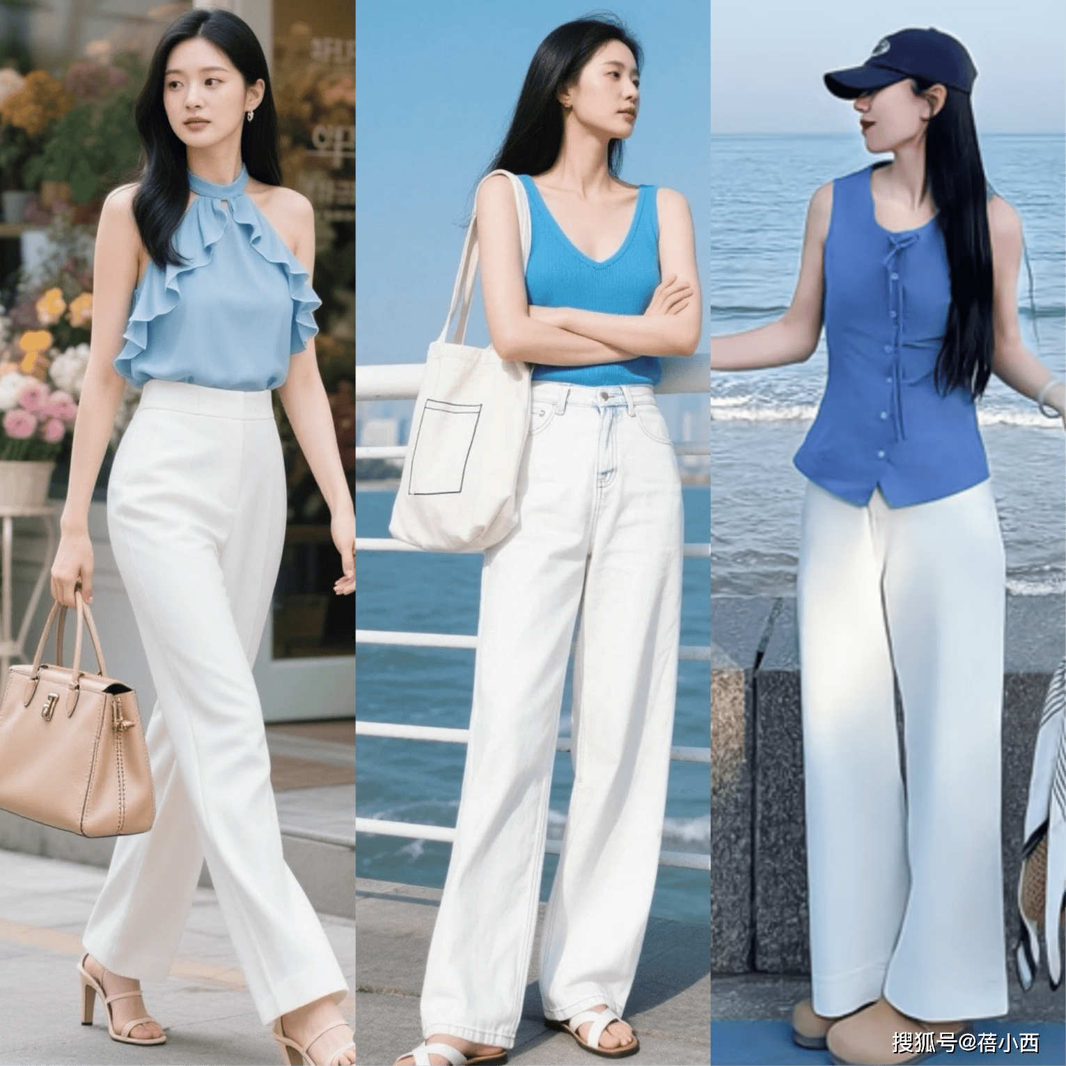 今夏“蓝色上衣+白裤子”又火了，40+中年女人这样穿，时髦又减龄