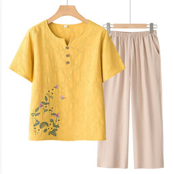 妈妈夏季短袖套装奶奶两件套中老年大码棉麻T恤上衣休闲老人衣服 蓝色（207米色裤子） 6XL  建议（160-175斤）