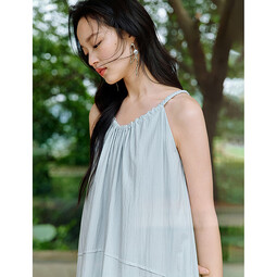 茵曼莱赛尔欧若风挂脖无袖连衣裙夏季女装百搭宽松a字裙子浅蓝色  XL