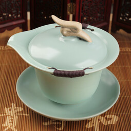 真迹汝瓷开片陶瓷盖碗三才敬茶碗手抓壶泡茶功夫茶具 汝窑如凤手抓碗-天青