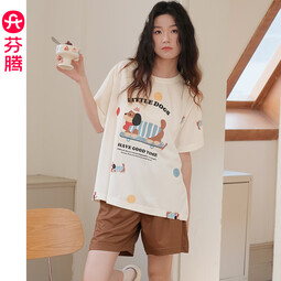 芬腾睡衣女夏季新款薄款短袖短裤甜美可爱少女大码家居服夏天套装 FX26921556米白 S 建议：70-90斤