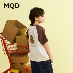 马骑顿（MQD）男大童夏季新品学院风撞色插肩袖小熊卡通亲肤短袖T恤 咖啡 110