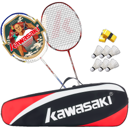 川崎（KAWASAKI）羽毛球拍双拍超轻碳素中杆对拍KD-1蓝红（已穿线+6球+手胶+拍包）