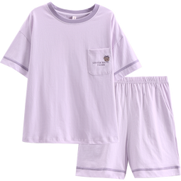 芬腾25年新款纯棉短袖可外穿夏天全棉家居服套装 香芋紫  S