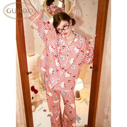 果壳（Gukoo）睡衣女春秋款hellokitty格子满印女士家居服套装可外穿 浅酒红M