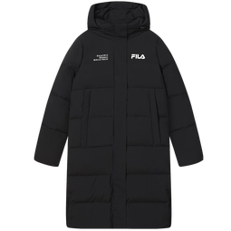 FILA 斐护科技|斐乐女装长款羽绒服冬季休闲简约连帽保暖羽绒外套 正黑色-BK 155/76A/XS
