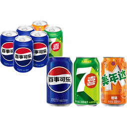 百事可乐Pepsi 可乐*4+7喜*1+美年达*1 碳酸饮料 汽水330ml 混合装