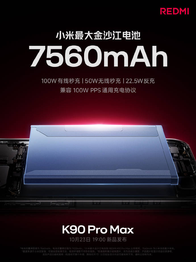 红米K90 Pro Max搭载7560mAh电池 兼容100W PPS协议