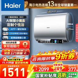 海尔（Haier）【咨询客服领国补】电热水器BK3扁平式家用扁桶一级能效节能双胆3300W速热镁免WIFI智控小魔盒系列 50L 3300W 小魔盒速热洗