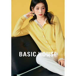 百家好(Basic House)2025春新款羊毛针织开衫女连帽假两件上衣外套设计感内搭打底衫 黄色 M