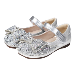 百丽童鞋女童皮鞋公主鞋小女孩水晶鞋春秋单鞋表演鞋 银色27码