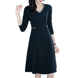 莎妮朵罗大码女装春秋新款胖mmv领胖人显瘦款胖妹妹遮肚子a字连衣裙16696 黑色(长袖款) 2XL建议120-140斤穿着