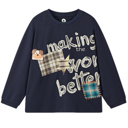 马骑顿（MQD）男童25秋新款学院风街潮撞色领口卡通长袖T恤亲肤打底衫内搭 藏青 110