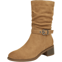 Bata西部时装靴女冬季百搭复古牛皮粗跟圆头中筒靴ATO63DS4 棕色 32