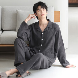 猫人（MiiOW）高端纯棉男士睡衣春秋款长袖2025款宽松大码可外穿家居服开衫套装 5130 L