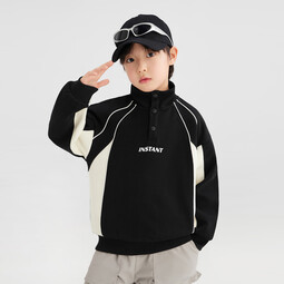 小猪班纳男童INSTANT机车风立领撞色拼接华棉卫衣 黑色 90 *建议身高80-90cm