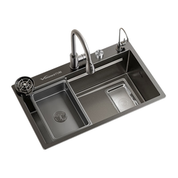 万和水槽大单槽厨房洗菜盆304不锈钢集渣压纹多功能纳米台下盆W5