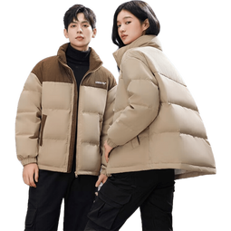 鸭鸭（YAYA）羽绒服男女同款2025冬季新款灯芯绒撞色保暖情侣面包服外套 咖色撞卡其 S (165/84A)