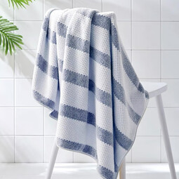 三利家用吸水速干成人男女大毛巾加大柔软裹巾条纹简约不易掉毛浴巾 靛蓝 275g