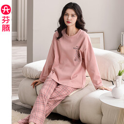 芬腾睡衣女纯棉春秋季长袖套头套装夏天可爱甜美少女加大码家居服 FX2490447粉色 M