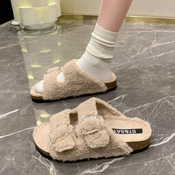 星期六【加绒保暖】毛毛拖鞋冬季2024新款一脚蹬棉拖外穿毛绒厚底女鞋 杏色【加绒保暖】 35