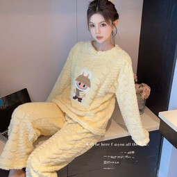 宝娜斯卡通珊瑚绒长裤秋冬宽松束脚松紧腰懒人睡裤家居睡衣套装 奶黄色-兔兔套装 均码 （90-150斤）