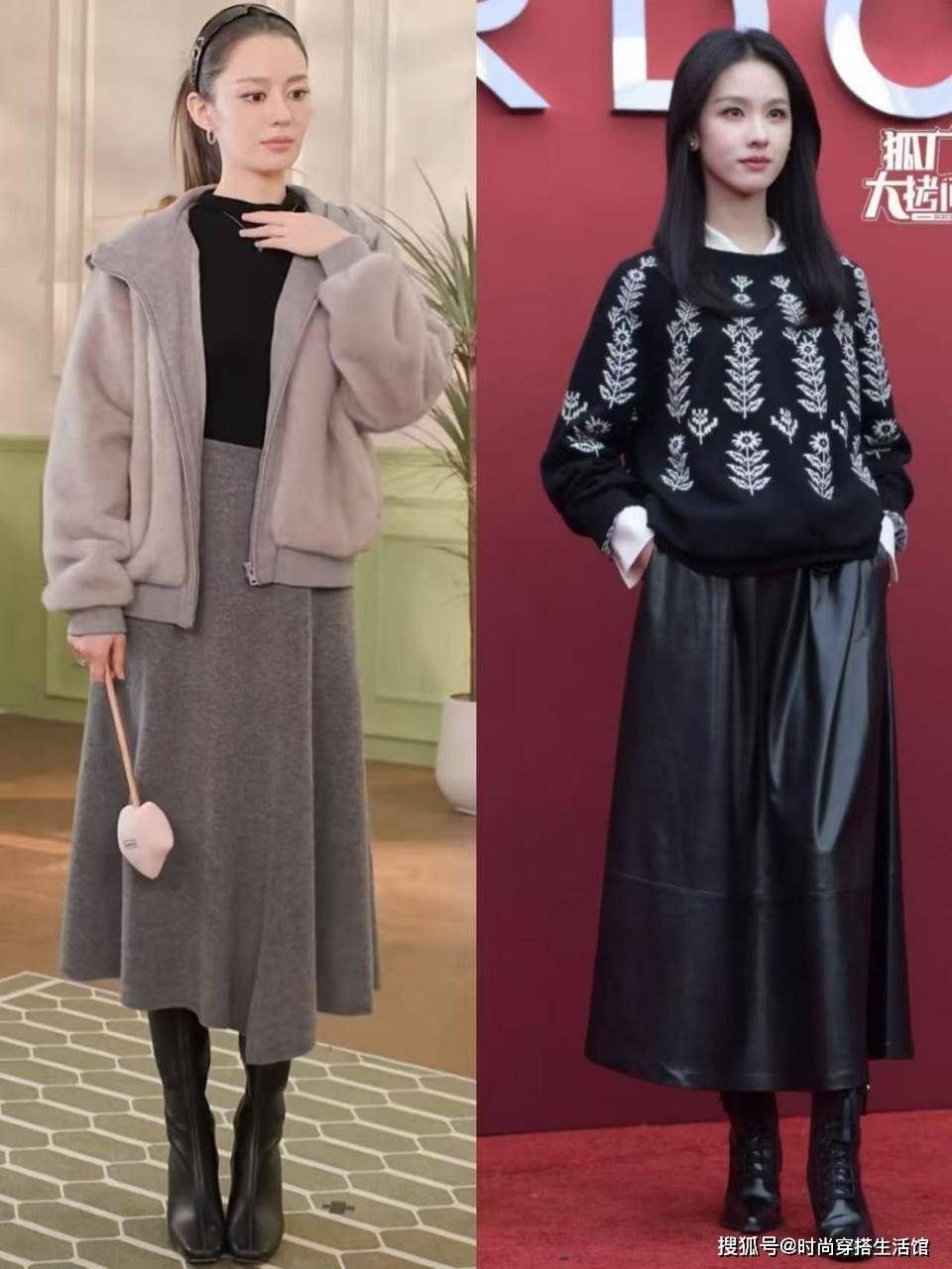 “半身裙+靴子”今年冬天又火了，这样穿优雅又时髦，谁穿谁好看