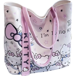 韩系卡通蝴蝶结手提包日系极简帆布包单肩上课通勤便当包 粉色KT【带飘带】27*26cm