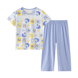 红豆儿童纯棉睡衣套装男女中大童春夏卡通印花短袖家居服透气空调服 H4J3303浅蓝 160
